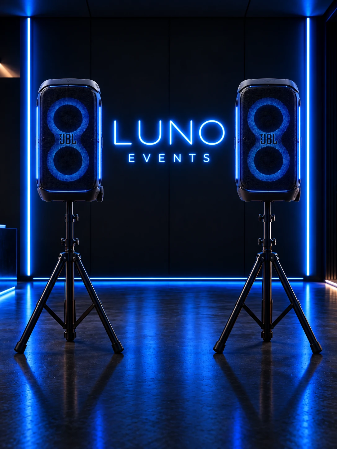 Zwei JBL PartyBox 320 auf Stativen vor LUNO Events Neon-Logo
