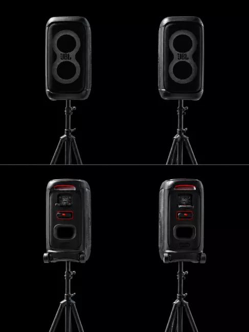 JBL PartyBox 320 Vorder- und Rückansicht auf Stativ